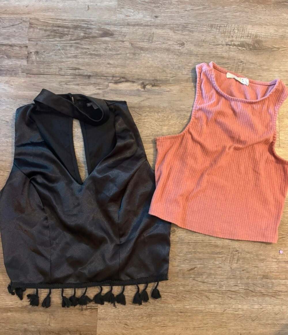 Charlotte Russe Black Halter Crop Top with Tassels and Rose Pink Ribbed Tank Top